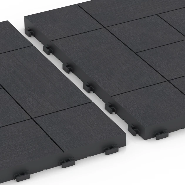 Großaufnahme vom Verbindungssystem von WARCO-Boden 6236 - Panelmønster – Terrassefliser im Farbdesign Skifer. Abmessungen 38,5 x 38,5 x 2 cm.