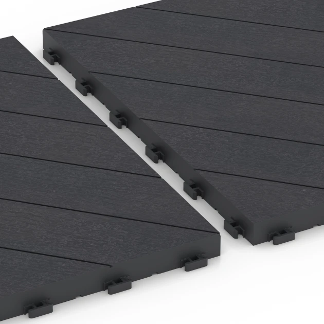 Großaufnahme vom Verbindungssystem von WARCO-Boden 6325 - Sildebensmønster – Terrassefliser im Farbdesign Skifer. Abmessungen 38,5 x 38,5 x 2 cm.