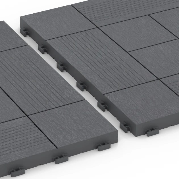 Großaufnahme vom Verbindungssystem von WARCO-Boden 6237 - Panelmønster – Terrassefliser im Farbdesign Sølvgrå. Abmessungen 38,5 x 38,5 x 2 cm.