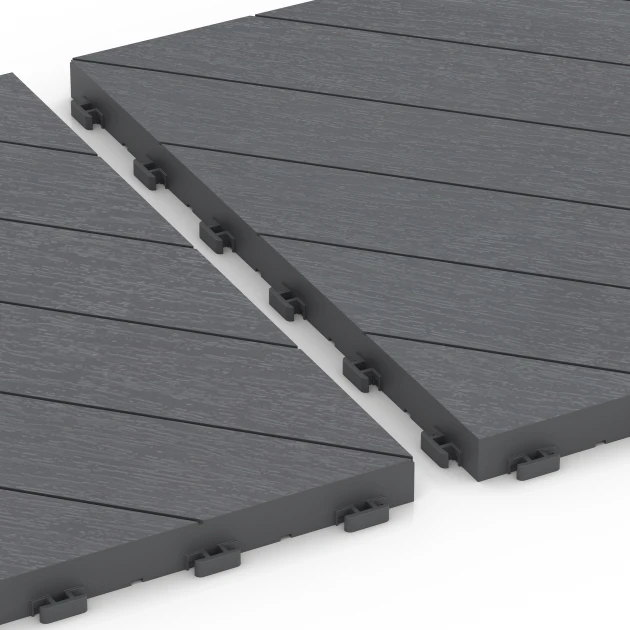 Großaufnahme vom Verbindungssystem von WARCO-Boden 6326 - Sildebensmønster – Terrassefliser im Farbdesign Sølvgrå. Abmessungen 38,5 x 38,5 x 2 cm.