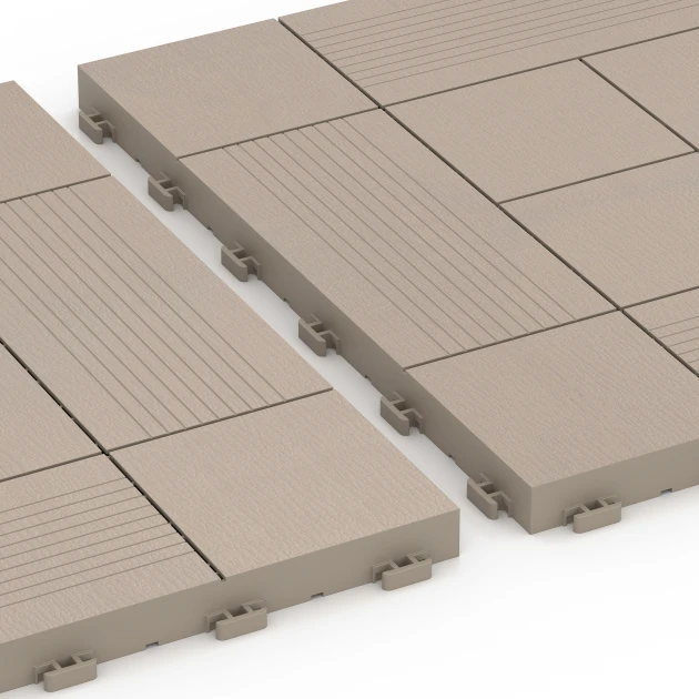 Großaufnahme vom Verbindungssystem von WARCO-Boden 6238 - Panelmønster – Terrassefliser im Farbdesign Vanilje. Abmessungen 38,5 x 38,5 x 2 cm.
