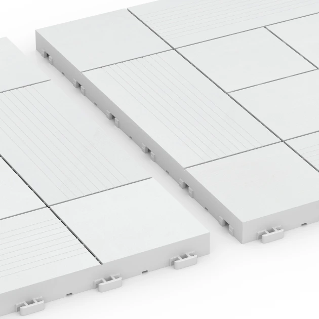 Großaufnahme vom Verbindungssystem von WARCO-Boden 6235 - Panelmønster – Terrassefliser im Farbdesign Kridt. Abmessungen 38,5 x 38,5 x 2 cm.