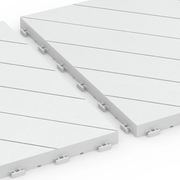 Großaufnahme vom Verbindungssystem von WARCO-Boden 6328 - Sildebensmønster – Terrassefliser im Farbdesign Kridt. Abmessungen 38,5 x 38,5 x 2 cm.