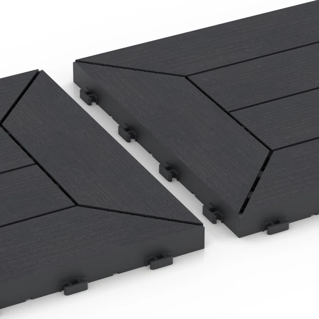 Großaufnahme vom Verbindungssystem von WARCO-Boden 6346 - Kassettemønster – Terrassefliser im Farbdesign Skifer. Abmessungen 30 x 30 x 2 cm.