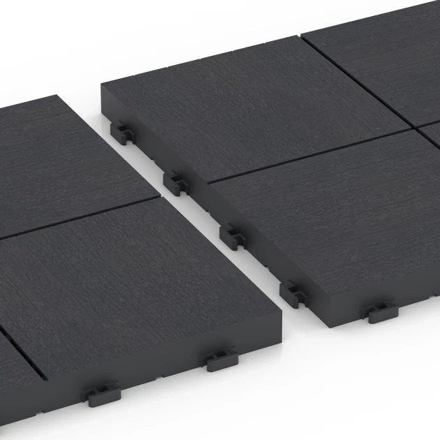 Großaufnahme vom Verbindungssystem von WARCO-Boden 6347 - Mosaik – Terrassefliser im Farbdesign Skifer. Abmessungen 30 x 30 x 2 cm.