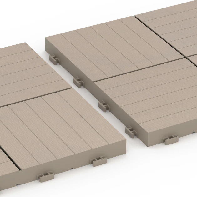 Großaufnahme vom Verbindungssystem von WARCO-Boden 6351 - Mosaik – Terrassefliser im Farbdesign Vanilje. Abmessungen 30 x 30 x 2 cm.