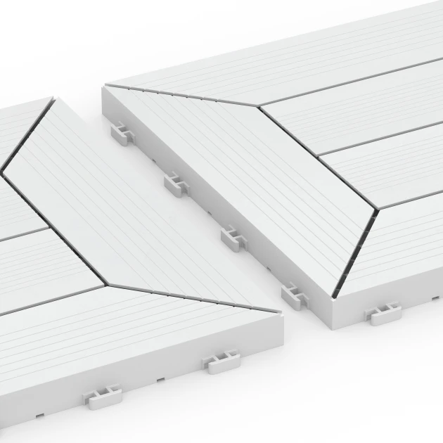 Großaufnahme vom Verbindungssystem von WARCO-Boden 6352 - Kassettemønster – Terrassefliser im Farbdesign Kridt. Abmessungen 30 x 30 x 2 cm.