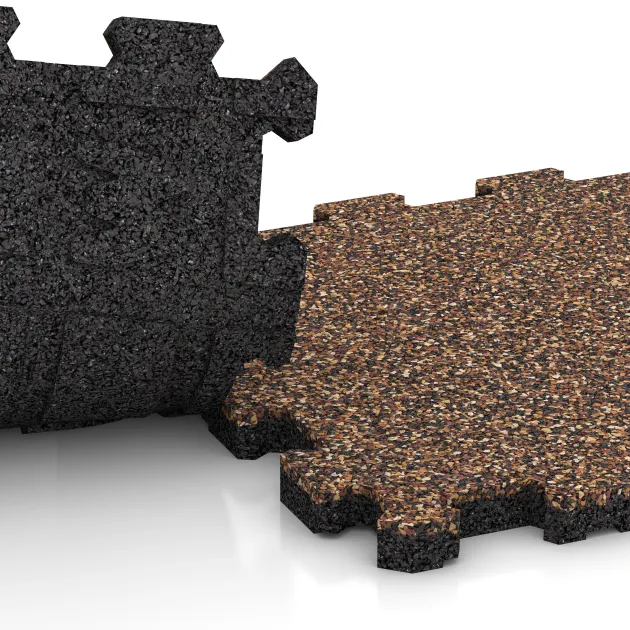 Großaufnahme vom Verbindungssystem von WARCO-Boden 3853 - Poolflise fugfri im Farbdesign Bast & Bark. Abmessungen 306 x 306 x 20 mm.
