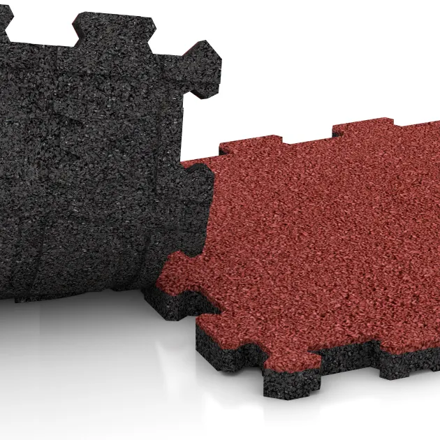 Großaufnahme vom Verbindungssystem von WARCO-Boden 4414 - Poolflise fugfri im Farbdesign Korallerød. Abmessungen 306 x 306 x 20 mm.