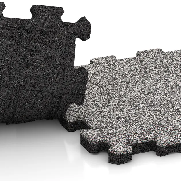 Großaufnahme vom Verbindungssystem von WARCO-Boden 4453 - Poolflise fugfri im Farbdesign Grå Melange. Abmessungen 306 x 306 x 20 mm.