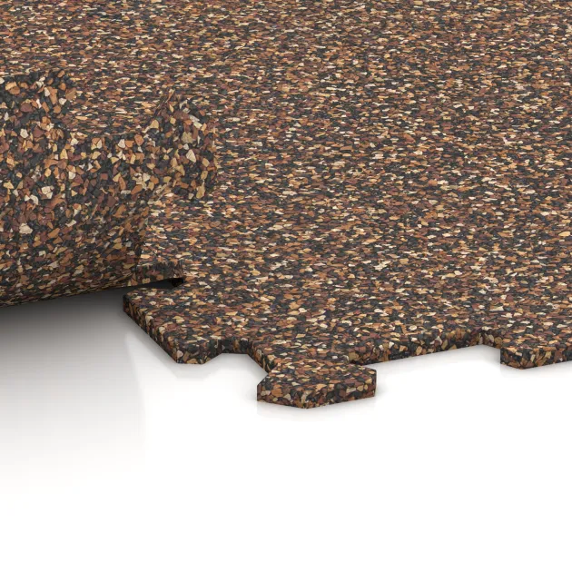 Großaufnahme vom Verbindungssystem von WARCO-Boden 1024 - Fitnessgulv Kompakt im Farbdesign Bast & Bark. Abmessungen 970 x 970 x 8 mm | 0,94 m.