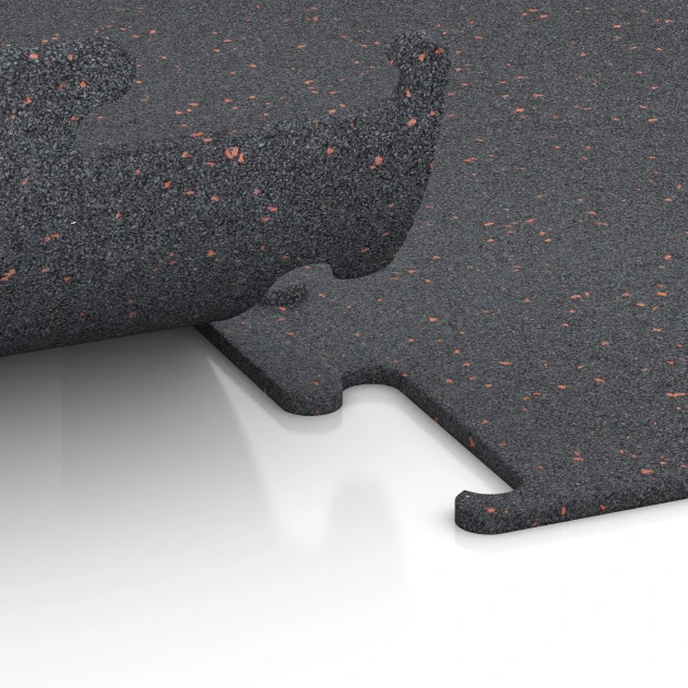 Großaufnahme vom Verbindungssystem von WARCO-Boden 3753 - Fitness Performance Elite Træningsgulv im Farbdesign Let Rød Sprinklet. Abmessungen 100 x 100 x 1 cm | 1,00 m².