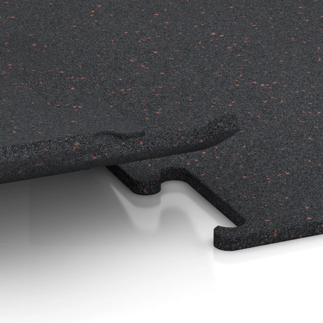 Großaufnahme vom Verbindungssystem von WARCO-Boden 3757 - Fitness Performance Elite Træningsgulv im Farbdesign Let Rød Sprinklet. Abmessungen 100 x 100 x 1,5 cm | 1,00 m².