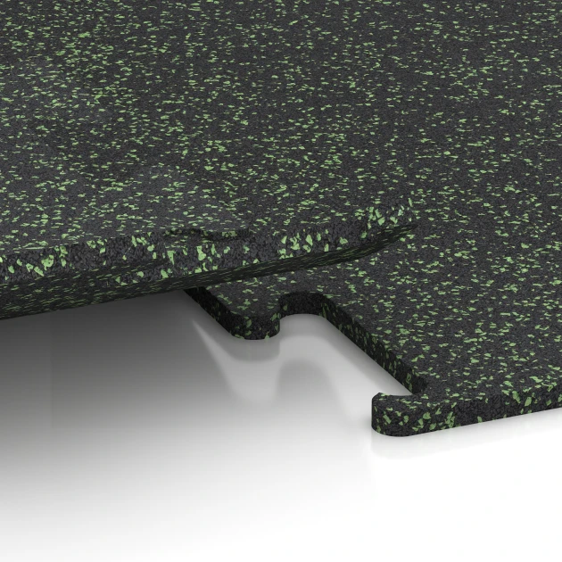 Großaufnahme vom Verbindungssystem von WARCO-Boden 3759 - Fitness Performance Elite Træningsgulv im Farbdesign Let Grøn Sprøjtet. Abmessungen 100 x 100 x 1,5 cm | 1,00 m².
