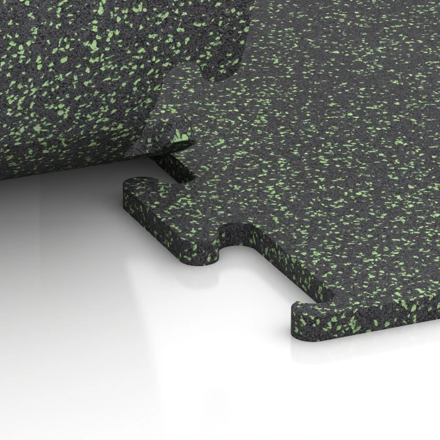 Großaufnahme vom Verbindungssystem von WARCO-Boden 6979 - Fitness Performance Elite Træningsgulv im Farbdesign Let Grøn Sprøjtet. Abmessungen 100 x 100 x 2 cm | 1,00 m².