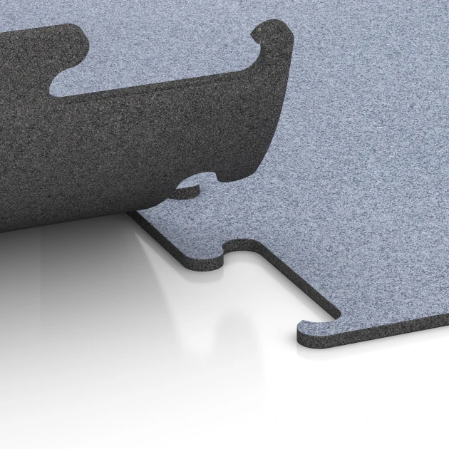 Großaufnahme vom Verbindungssystem von WARCO-Boden 6152 - Fitness Performance Elite Træningsgulv im Farbdesign Disgrå. Abmessungen 50 x 50 x 1 cm | 0,25 m².