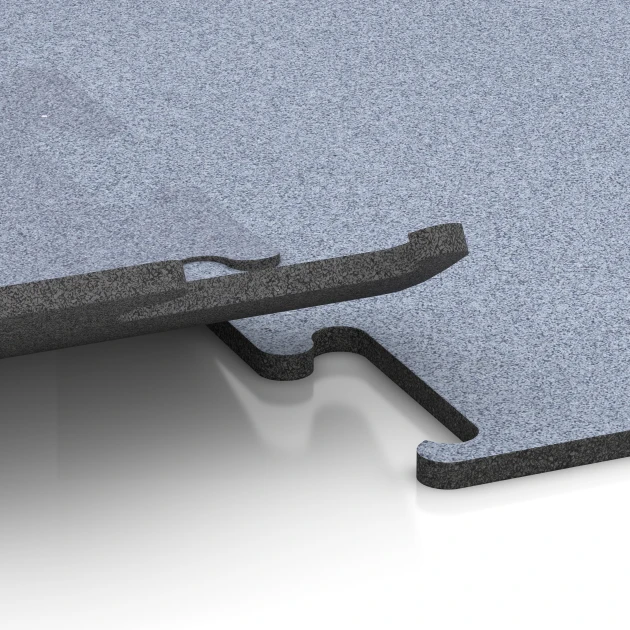 Großaufnahme vom Verbindungssystem von WARCO-Boden 6154 - Fitness Performance Elite Træningsgulv im Farbdesign Disgrå. Abmessungen 50 x 50 x 1,5 cm | 0,25 m².