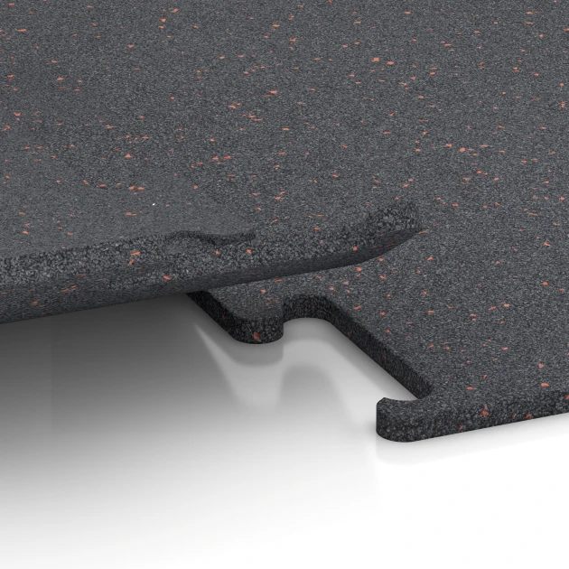 Großaufnahme vom Verbindungssystem von WARCO-Boden 3769 - Fitness Performance Elite Træningsgulv im Farbdesign Let Rød Sprinklet. Abmessungen 50 x 50 x 1,5 cm | 0,25 m².
