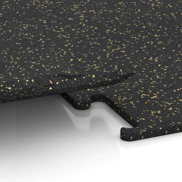 Großaufnahme vom Verbindungssystem von WARCO-Boden 3768 - Fitness Performance Elite Træningsgulv im Farbdesign Let Gul Sprøjtet. Abmessungen 500 x 500 x 15 mm.