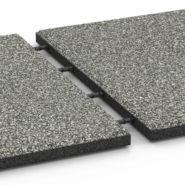 Großaufnahme vom Verbindungssystem von WARCO-Boden 6414 - Faldsikringsflise – 90 cm im Farbdesign Grå granit. Abmessungen 50 x 50 x 3 cm.