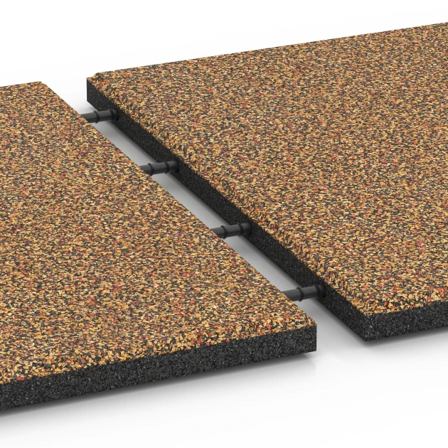 Großaufnahme vom Verbindungssystem von WARCO-Boden 6416 - Faldsikringsflise – 90 cm im Farbdesign Terrakotta. Abmessungen 50 x 50 x 3 cm.