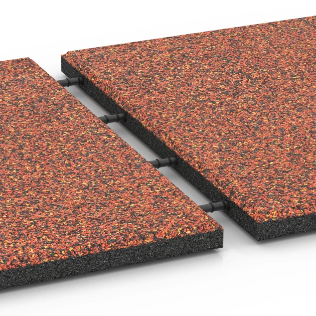 Großaufnahme vom Verbindungssystem von WARCO-Boden 6417 - Faldsikringsflise – 90 cm im Farbdesign Etna. Abmessungen 50 x 50 x 3 cm.