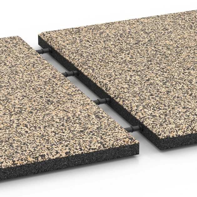 Großaufnahme vom Verbindungssystem von WARCO-Boden 6419 - Faldsikringsflise – 90 cm im Farbdesign Travertin. Abmessungen 50 x 50 x 3 cm.