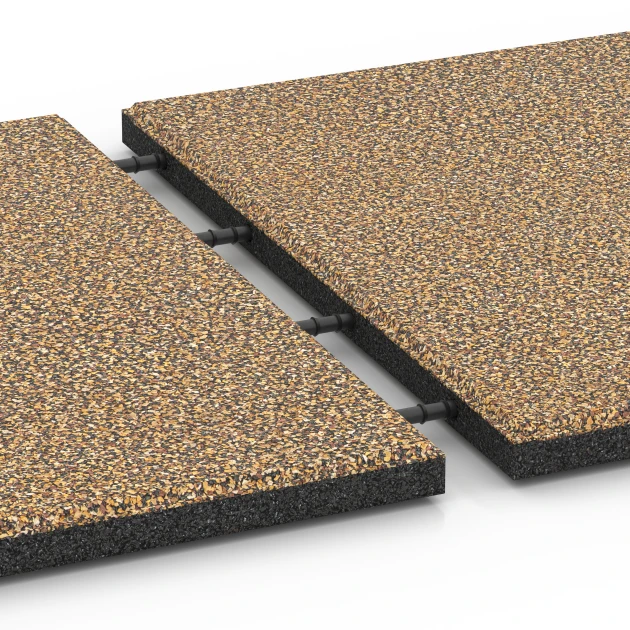 Großaufnahme vom Verbindungssystem von WARCO-Boden 6421 - Faldsikringsflise – 90 cm im Farbdesign Rattan. Abmessungen 50 x 50 x 3 cm.