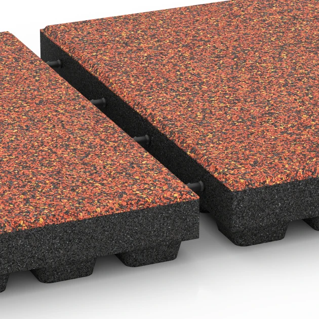 Großaufnahme vom Verbindungssystem von WARCO-Boden 6444 - Faldsikringsflise – 210 cm im Farbdesign Etna. Abmessungen 50 x 50 x 7 cm.