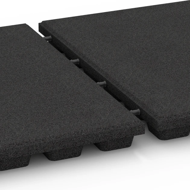 Großaufnahme vom Verbindungssystem von WARCO-Boden 6135 - Faldsikringsflise 170 cm im Farbdesign Antracit. Abmessungen 50 x 50 x 4,8 cm.