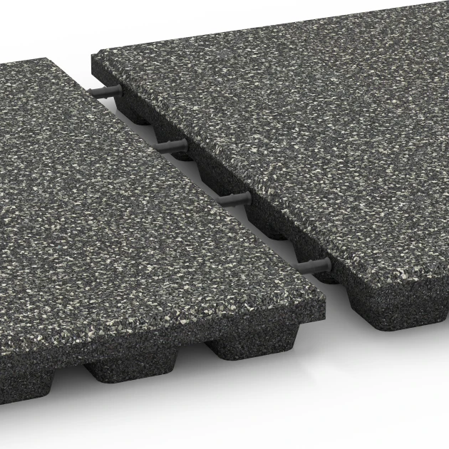 Großaufnahme vom Verbindungssystem von WARCO-Boden 6431 - Faldsikringsflise – 160 cm im Farbdesign Mørkegrå granit. Abmessungen 50 x 50 x 4,8 cm.