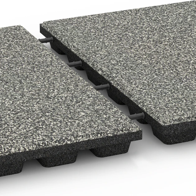 Großaufnahme vom Verbindungssystem von WARCO-Boden 6432 - Faldsikringsflise – 160 cm im Farbdesign Grå granit. Abmessungen 50 x 50 x 4,8 cm.