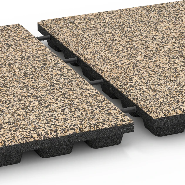 Großaufnahme vom Verbindungssystem von WARCO-Boden 6437 - Faldsikringsflise – 160 cm im Farbdesign Travertin. Abmessungen 50 x 50 x 4,8 cm.