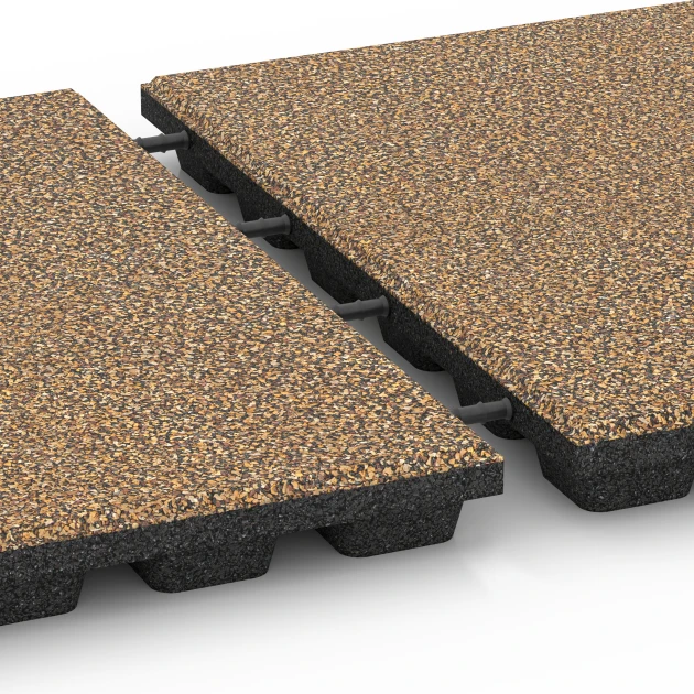 Großaufnahme vom Verbindungssystem von WARCO-Boden 6439 - Faldsikringsflise – 160 cm im Farbdesign Rattan. Abmessungen 50 x 50 x 4,8 cm.
