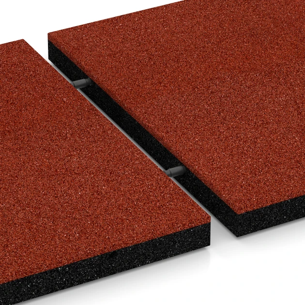 Großaufnahme vom Verbindungssystem von WARCO-Boden 6260 - Faldsikringsflise – 150 cm im Farbdesign Murstenrød. Abmessungen 50 x 50 x 4,5 cm.