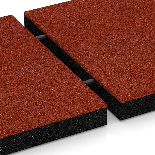 Großaufnahme vom Verbindungssystem von WARCO-Boden 6201 - Faldsikringsfliser im Farbdesign Murstenrød. Abmessungen 50 x 50 x 6 cm.