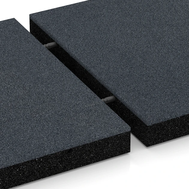 Großaufnahme vom Verbindungssystem von WARCO-Boden 6269 - Faldsikringsflise – 180 cm im Farbdesign Skifergrå. Abmessungen 50 x 50 x 6 cm.