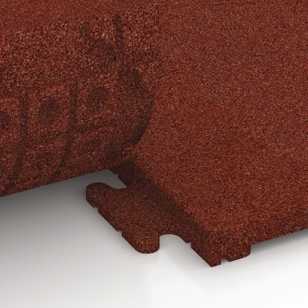 Großaufnahme vom Verbindungssystem von WARCO-Boden 7053 - Gummiflise Linea im Farbdesign Murstenrød. Abmessungen 50 x 50 x 3 cm | 0,25 m².