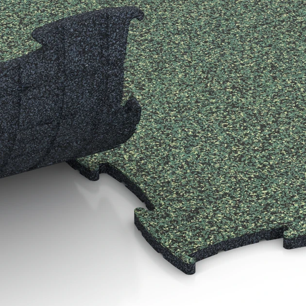 Großaufnahme vom Verbindungssystem von WARCO-Boden 6834 - Fitness Active gulvflise im Farbdesign Engelsk græs. Abmessungen 97,1 x 97,1 × 1,8 cm.