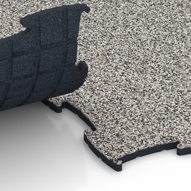 Großaufnahme vom Verbindungssystem von WARCO-Boden 6905 - Hundesportgulv til indendørs im Farbdesign Grå granit. Abmessungen 97,1 x 97,1 × 1,8 cm.