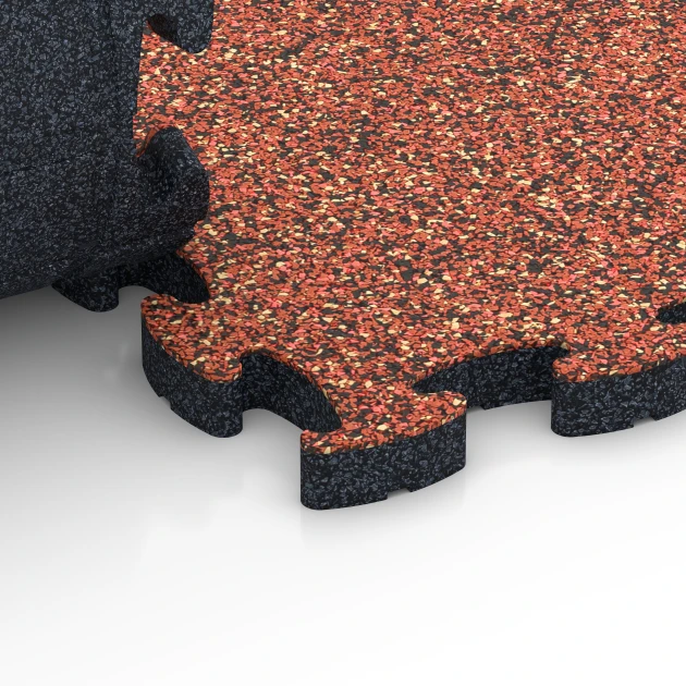 Großaufnahme vom Verbindungssystem von WARCO-Boden 6935 - Faldsikringsflise puzzle im Farbdesign Etna. Abmessungen 44,6 x 44,6 × 2,8 cm.