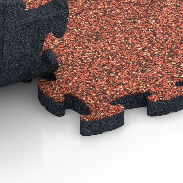 Großaufnahme vom Verbindungssystem von WARCO-Boden 6845 - Fitness Active gulvflise im Farbdesign Etna. Abmessungen 44,6 x 44,6 × 2,8 cm.