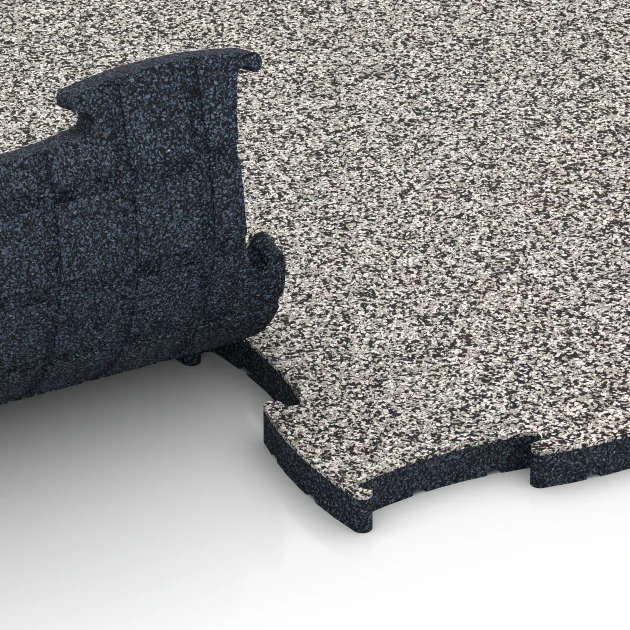 Großaufnahme vom Verbindungssystem von WARCO-Boden 6851 - Fitness Active gulvflise im Farbdesign Grå granit. Abmessungen 97,1 x 97,1 x 2,8 cm.