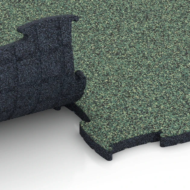 Großaufnahme vom Verbindungssystem von WARCO-Boden 6852 - Fitness Active gulvflise im Farbdesign Engelsk græs. Abmessungen 97,1 x 97,1 x 2,8 cm.