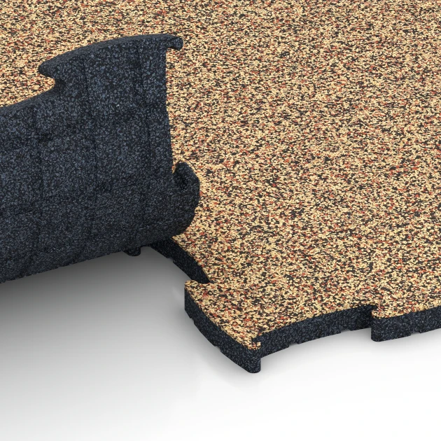 Großaufnahme vom Verbindungssystem von WARCO-Boden 6853 - Fitness Active gulvflise im Farbdesign Terrakotta. Abmessungen 97,1 x 97,1 x 2,8 cm.