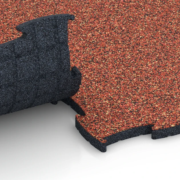 Großaufnahme vom Verbindungssystem von WARCO-Boden 6854 - Fitness Active gulvflise im Farbdesign Etna. Abmessungen 97,1 x 97,1 x 2,8 cm.