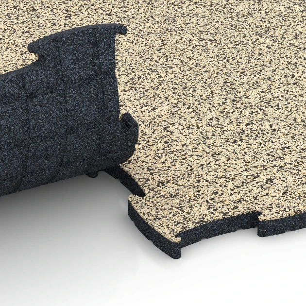 Großaufnahme vom Verbindungssystem von WARCO-Boden 6856 - Fitness Active gulvflise im Farbdesign Travertin. Abmessungen 97,1 x 97,1 x 2,8 cm.