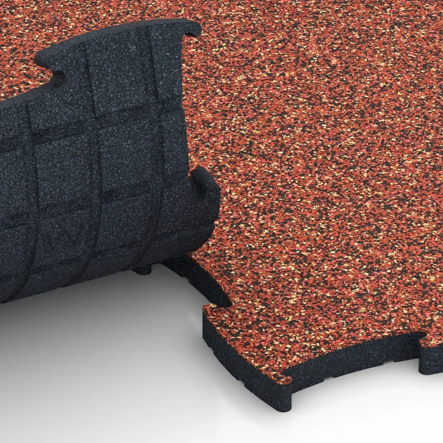Großaufnahme vom Verbindungssystem von WARCO-Boden 6890 - Fitnessgulv Max System im Farbdesign Etna. Abmessungen 97,1 x 97,1 x 2,8 cm.
