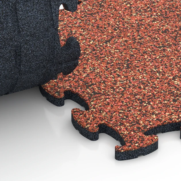 Großaufnahme vom Verbindungssystem von WARCO-Boden 6818 - Stentæppe klikflise im Farbdesign Etna. Abmessungen 28,9 x 28,9 x 1,8 cm.