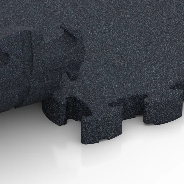 Großaufnahme vom Verbindungssystem von WARCO-Boden 6965 - Fitness Premium studiegulv im Farbdesign Antracit. Abmessungen 28,9 x 28,9 x 2,8 cm.